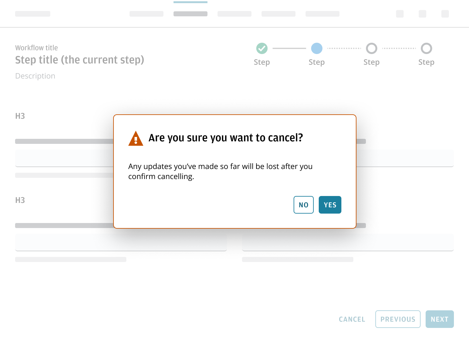 Embedded warning dialog in wizard confirming cancel action and risk of losing progress